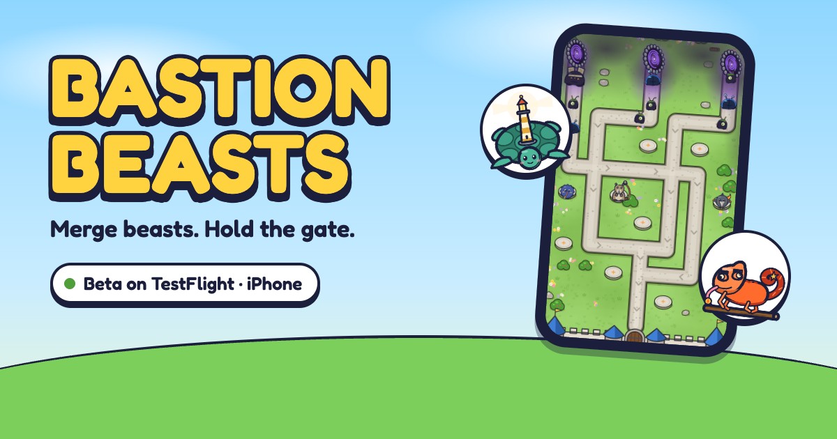 Bastion Beasts, merge beasts and hold the gate: the yellow title beside an iPhone where a wave comes down the road towards the castle