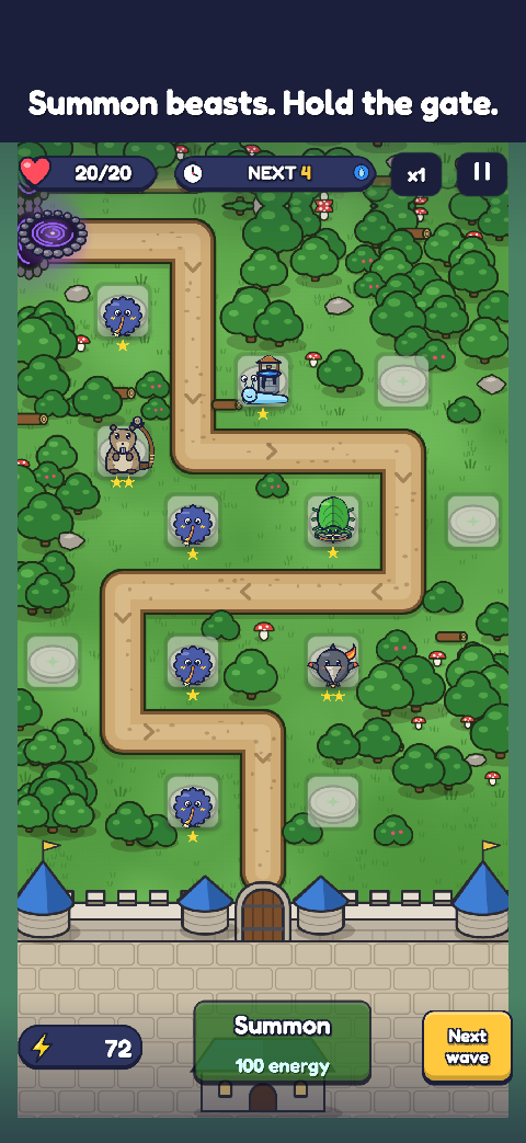 Summon beasts. Hold the gate: beasts beside a winding forest road above the castle