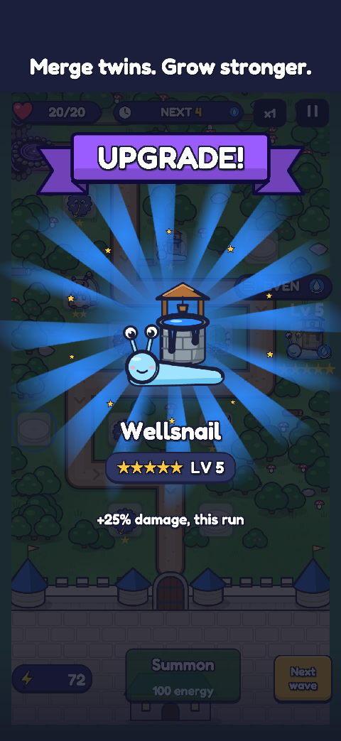 Merge twins. Grow stronger: two Wellsnails become a level 5 Wellsnail